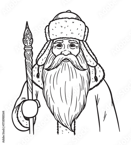 Black outline drawing of a bearded man in a fur hat and coat holding a decorative staff, embodying a traditional festive character.