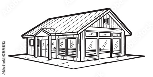 Black outline of a modern cabin with large windows and a slanted roof, featuring minimal linear details ideal for architectural and design themes.