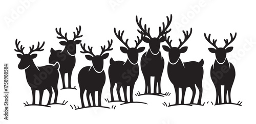 Silhouette of a group of deer with antlers standing together, creating a harmonious and natural pattern in a black outline style.