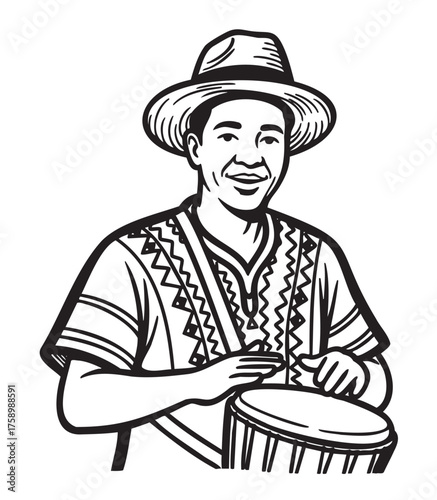 Black outline drawing of a smiling hispanic male playing a drum, wearing a patterned shirt and a hat, capturing the essence of cultural music.