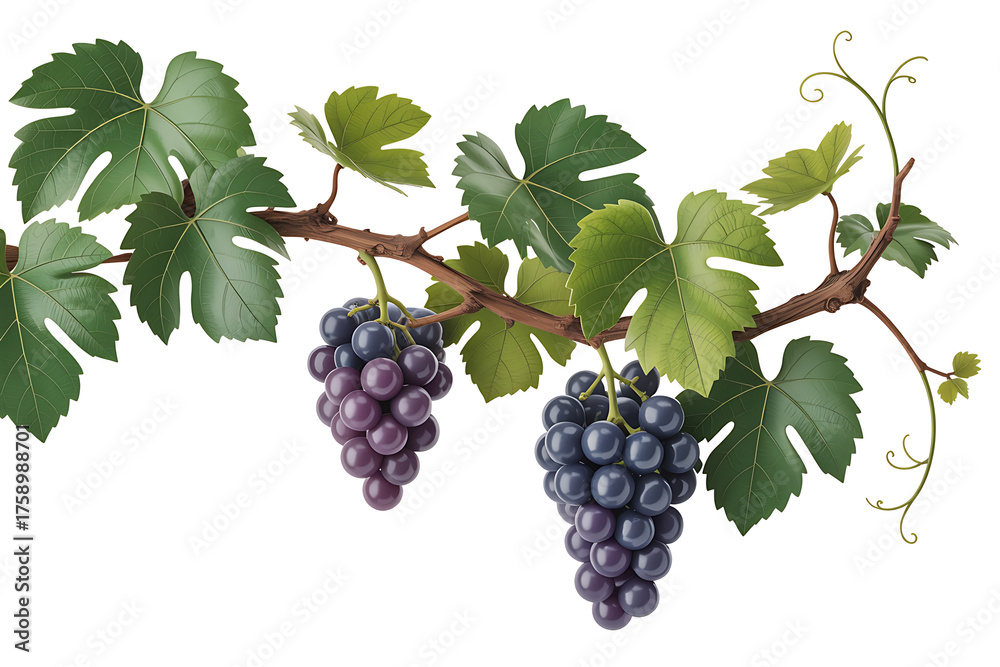 Fototapeta premium Vibrant green vine with clusters of dark purple grapes, showcasing nature's bounty and rich harvest.