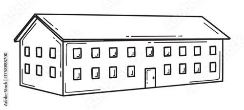 Black outline vector icon of a two-story rectangular building with multiple windows and a triangular roof.