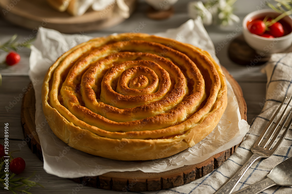 Fototapeta premium Warm cinnamon swirl cake sits on a wooden board, surrounded by fresh berries and linen.