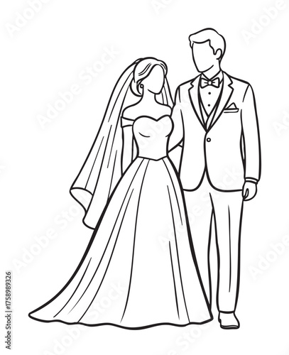 Black and white outline of a caucasian bride in a flowing dress and groom in a formal suit, standing arm in arm.