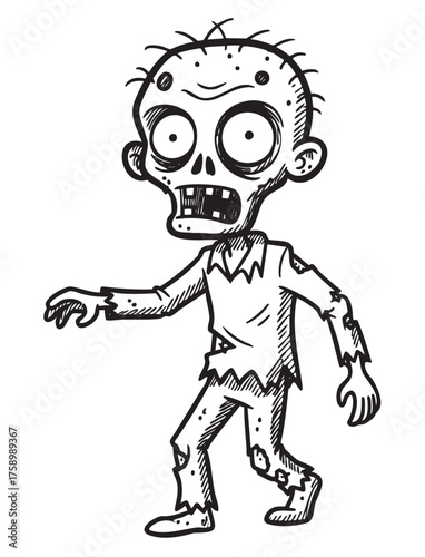Black and white cartoon-style illustration of a male zombie with tattered clothing and a shocked expression.