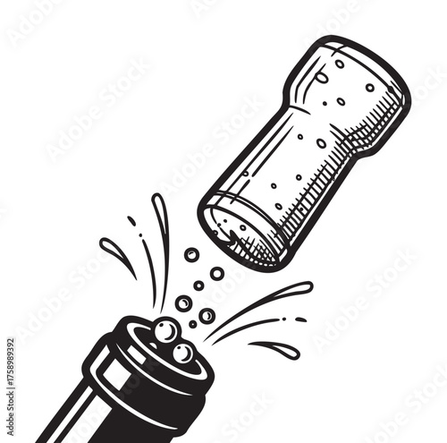 Black and white drawing of a champagne cork popping out of a bottle, with bubbles and splash details.