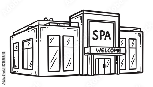 Black outline drawing of a modern spa building with large windows and a welcoming sign above the entrance.