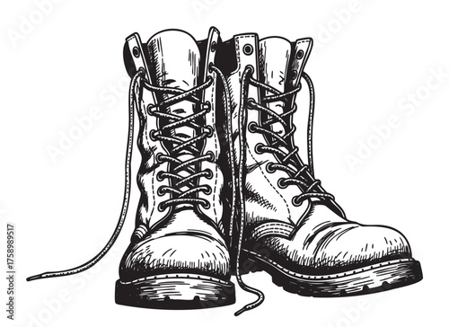 Black outline drawing of rugged leather hiking boots with detailed laces and stitching, conveying a sense of adventure and durability.