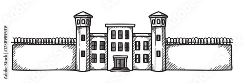 Black outline sketch of a large fortified prison with tall watchtowers and a secure perimeter fence.