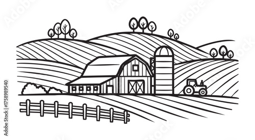 Black outline farmhouse with a silo and tractor, set amidst rolling hills and lined with a wooden fence, representing rural farming life.