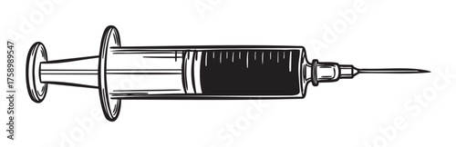 Black and white illustration of a medical syringe with a needle, featuring a detailed view of the piston and barrel components.