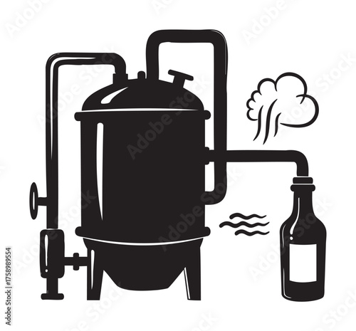 Black silhouette illustration of an industrial brewing kettle connected to a glass bottle, emitting steam, symbolizing a fermentation process.