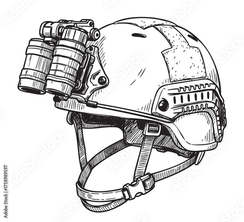 Black and white sketch of a tactical helmet equipped with mounted night vision goggles, showcasing intricate details and straps.