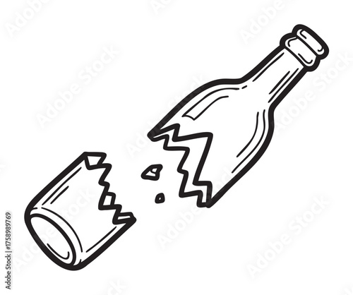 Black outline drawing of a broken glass bottle with jagged edges, symbolizing danger or destruction.