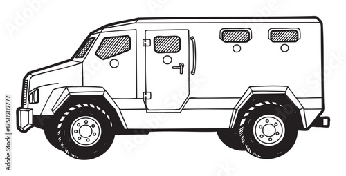 Black outline drawing of an armored vehicle with large tires and multiple windows, showing a side view of the sturdy transport designed for security purposes.