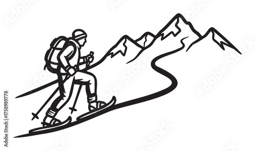 Black outline illustration of a person on skis with a backpack, trekking up a mountainous path beneath snowcapped peaks.