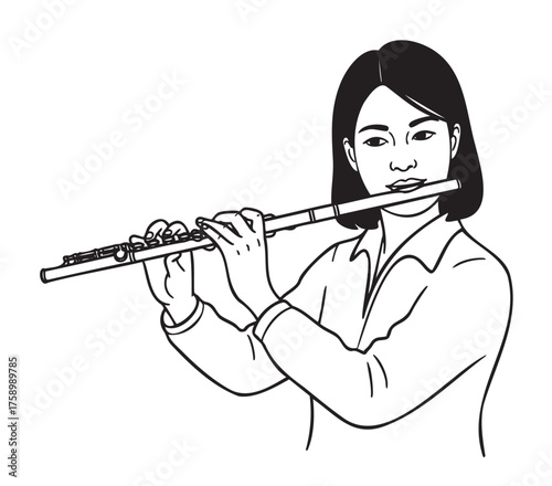 Asian female adult playing the flute with focused expression, illustrated in a linear black outline style.