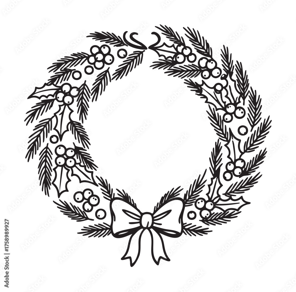 Obraz premium Black outline icon of a circular wreath with holly leaves, berries, pine branches, and a decorative bow, symbolizing festive holiday decoration.