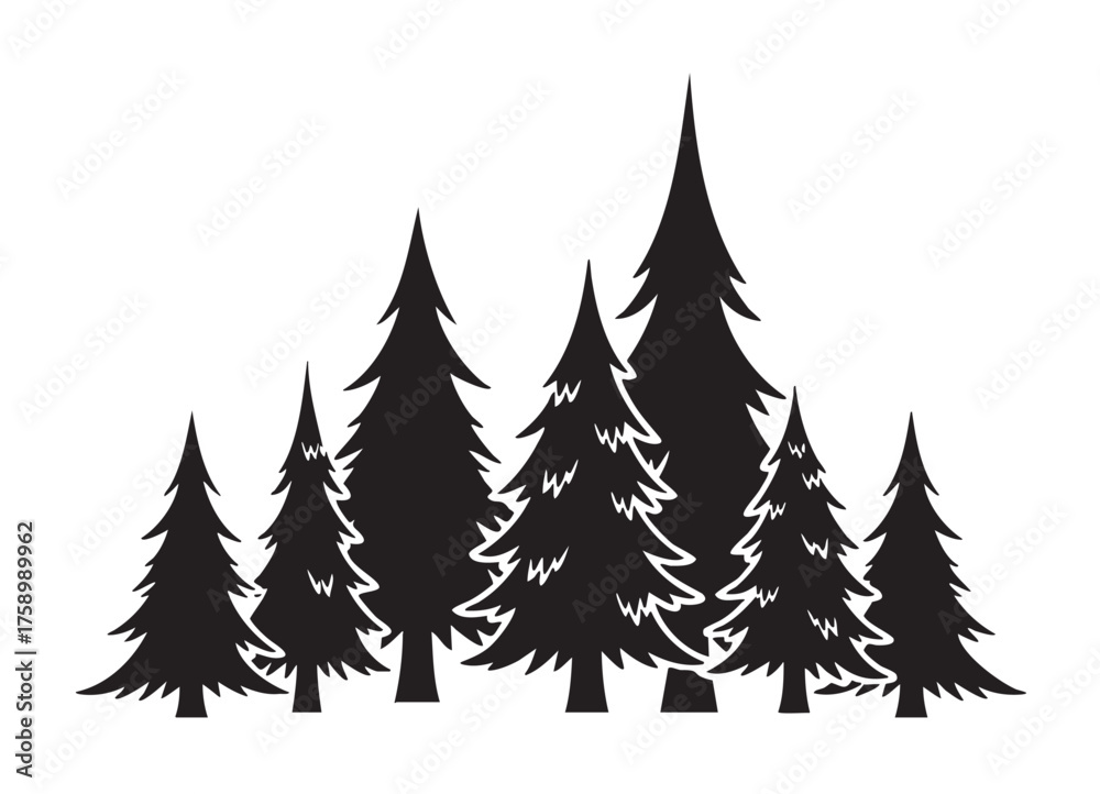 Obraz premium Black silhouette of various sizes of evergreen trees forming a dense forest. simple design for nature and wilderness themes.