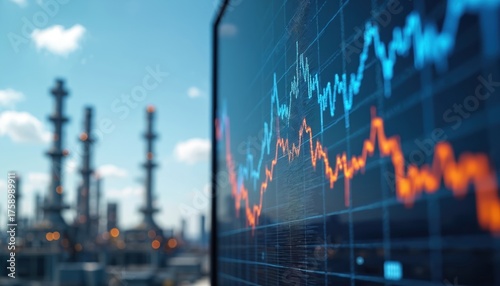 Digital display fluctuating stock market data. Oil refinery in background energy production, finance relation. Chart visuals economic trends against blue sky. Industry analysis resource management.