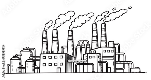 Black and white line art of a large industrial factory with multiple smokestacks emitting smoke, symbolizing manufacturing and pollution.