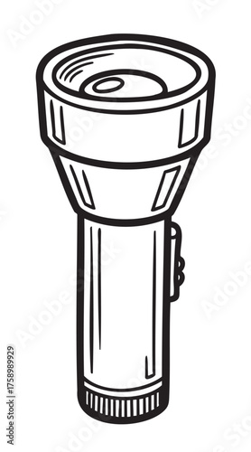 Black outline vector icon of a simple handheld flashlight with a cylindrical body and a wide circular lens on top.