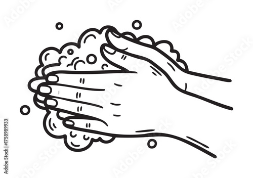 Black outline illustration depicting two hands washing with soap, emphasized by bubbles and foamy lather.