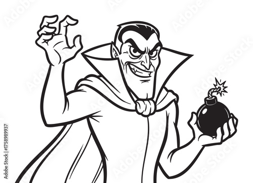 Black and white cartoon illustration of a sinister vampire character with sharp eyebrows holding a bomb with a lit fuse, gesturing with a menacing hand.
