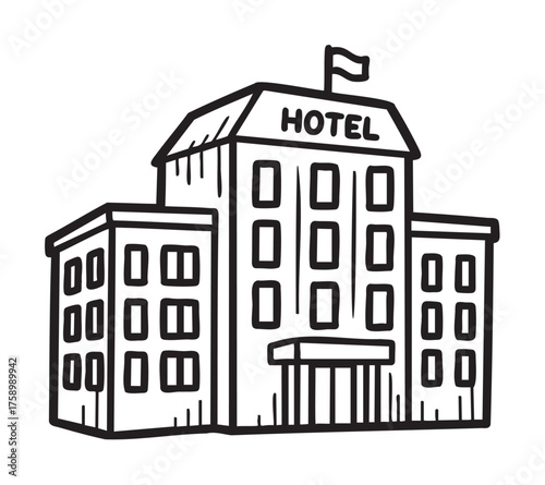 Black outline drawing of a multistory hotel building with two wings, featuring a flag on top and a prominent entrance.