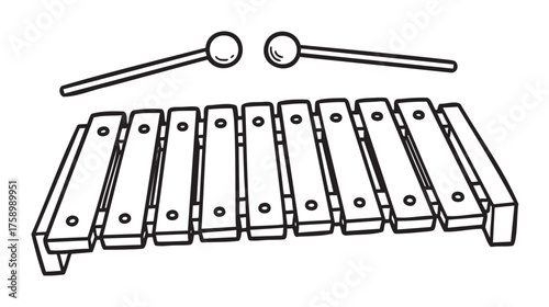 Black outline drawing of a xylophone with two mallets placed above it, illustrating a simple musical instrument concept.