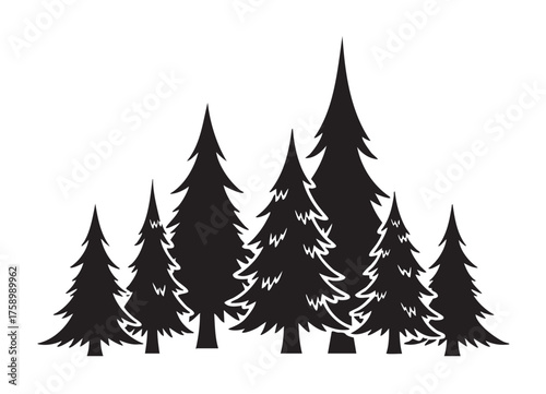 Black silhouette of various sizes of evergreen trees forming a dense forest. simple design for nature and wilderness themes.