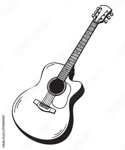 Black and white outline drawing of an acoustic guitar with detailed strings and tuning pegs, depicting a side view angle.