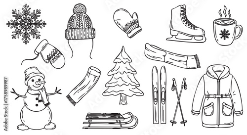 Black outline drawings of winter objects including a snowman, ice skates, a sled, skis, and winter clothing such as hats, mittens, and a coat.