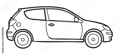 Black outline drawing of a compact hatchback car in side profile view, showcasing simple design elements and basic car features.