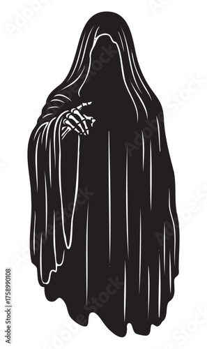 Mysterious hooded figure with skeletal hand emerges from darkness, shrouded in flowing black cloak for a haunting and enigmatic appearance.