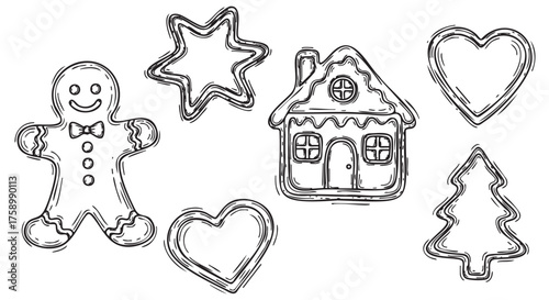 Black outline drawings of various holiday cookie shapes, including a gingerbread man, star, tree, heart, and house, depicted with simple, sketchy lines.