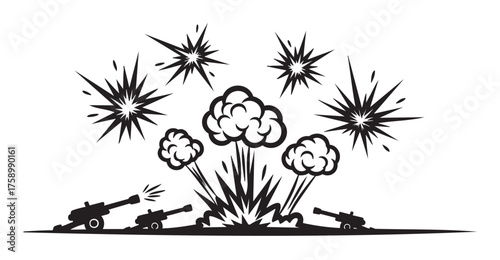 Black silhouette of three cannons firing with dramatic smoke clouds and explosive starbursts in the sky.