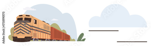 Freight train pulling multiple cargo containers on a railway with green plants around, under a bright sky. Ideal for transportation, logistics, shipping, trade, commerce, eco-friendly transit