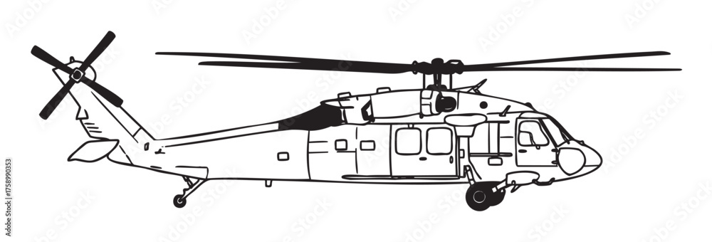 Fototapeta premium Black outline drawing of a military helicopter with detailed rotor blades and landing gear showcased from a side view.