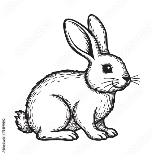 Black outline drawing of a cute rabbit sitting on hind legs, showcasing detailed fur texture and long ears in a minimal style.