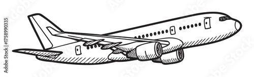Black outline sketch of a commercial passenger airplane in flight, featuring detailed wings and engines viewed from a side angle.