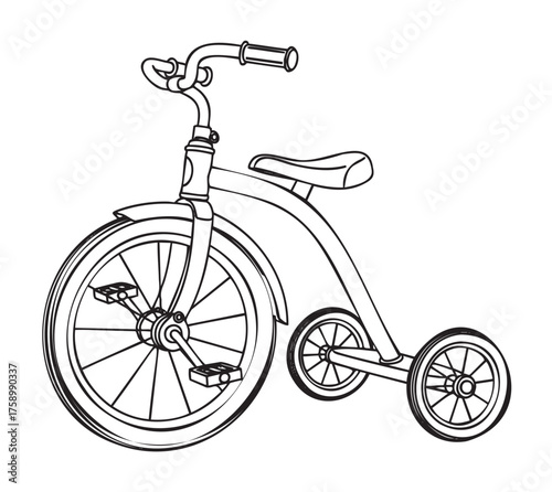 Black outline vector icon of a classic children's tricycle with three wheels, handlebars, and a seat, highlighting its vintage design.