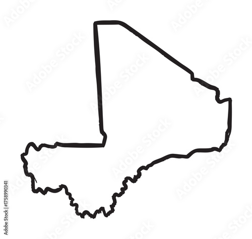 Black outline of the geographical shape of mali, displaying its borders in a simple linear style.