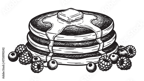 Black and white sketch of a stack of pancakes topped with a pat of butter and syrup, surrounded by fresh berries.