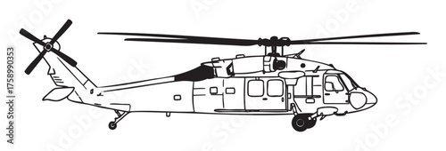 Black outline drawing of a military helicopter with detailed rotor blades and landing gear showcased from a side view.