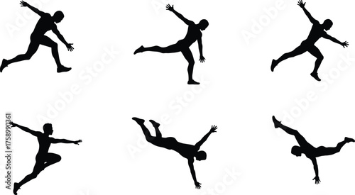Athletic silhouette sequence illustration, dynamic human motion study, sports biomechanics concept, fitness training posture, exercise technique, health lifestyle, movement energy