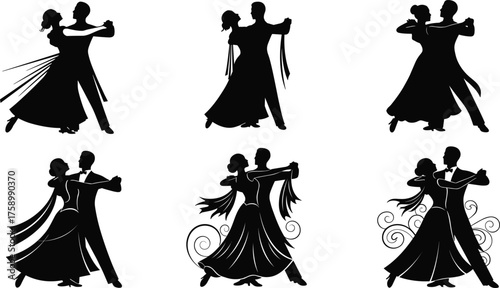 Ballroom dance couple silhouette sequence, elegant partner choreography illustration, formal performance concept, graceful movement study, artistic posture, cultural lifestyle