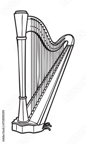 Black outline drawing of a classic wooden harp with detailed strings and a tall column for musical purposes.