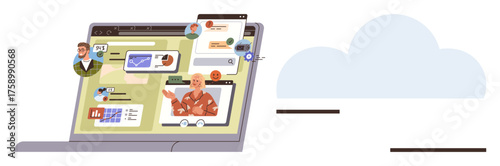 Laptop screen displaying video calls, charts, and messages with diverse participants in a cloud network. Ideal for teamwork, connectivity, remote work, education, technology, innovation simple flat