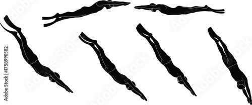 Diving silhouette sequence illustration, swimmer motion study, aquatic sports technique concept, athletic posture analysis, water entry training, fitness lifestyle